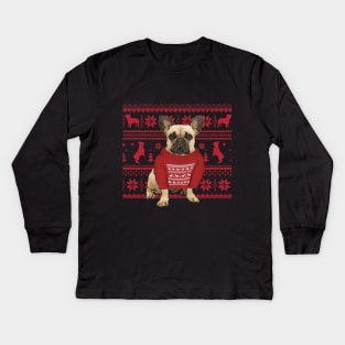 French Bulldog Frenchie and red Christmas sweater Kids Long Sleeve T-Shirt